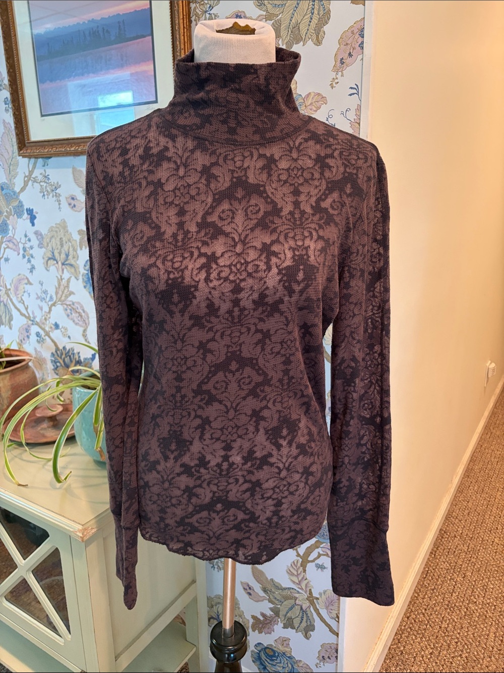 Free People Intimately Plum Floral Jacquard Sheer Turtleneck